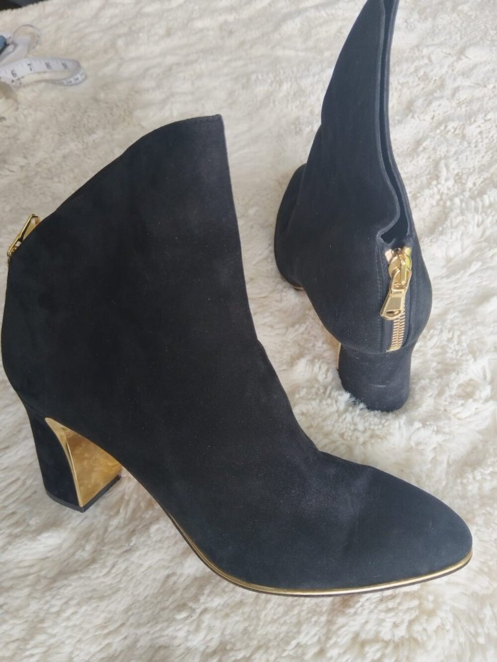 Russell & Bromley Mod Squad Black Suede Ankle Boots, gold heel Size 9 / 40.5